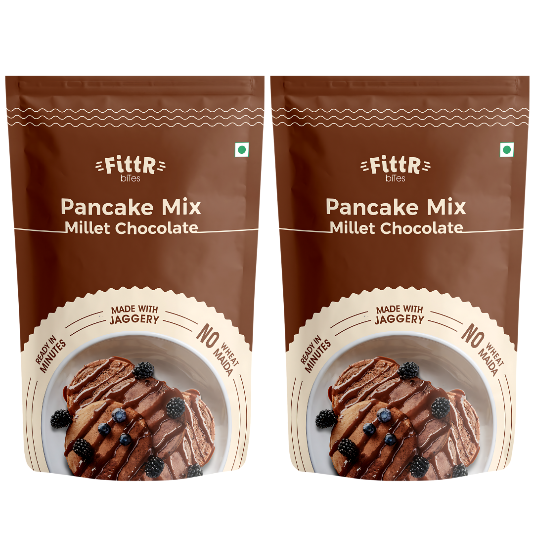 FittR Bites Oats & Millets Chocolate Pancake Mix, No maida, No wheat, No refined sugar, pack of two, 2 x 150 gm