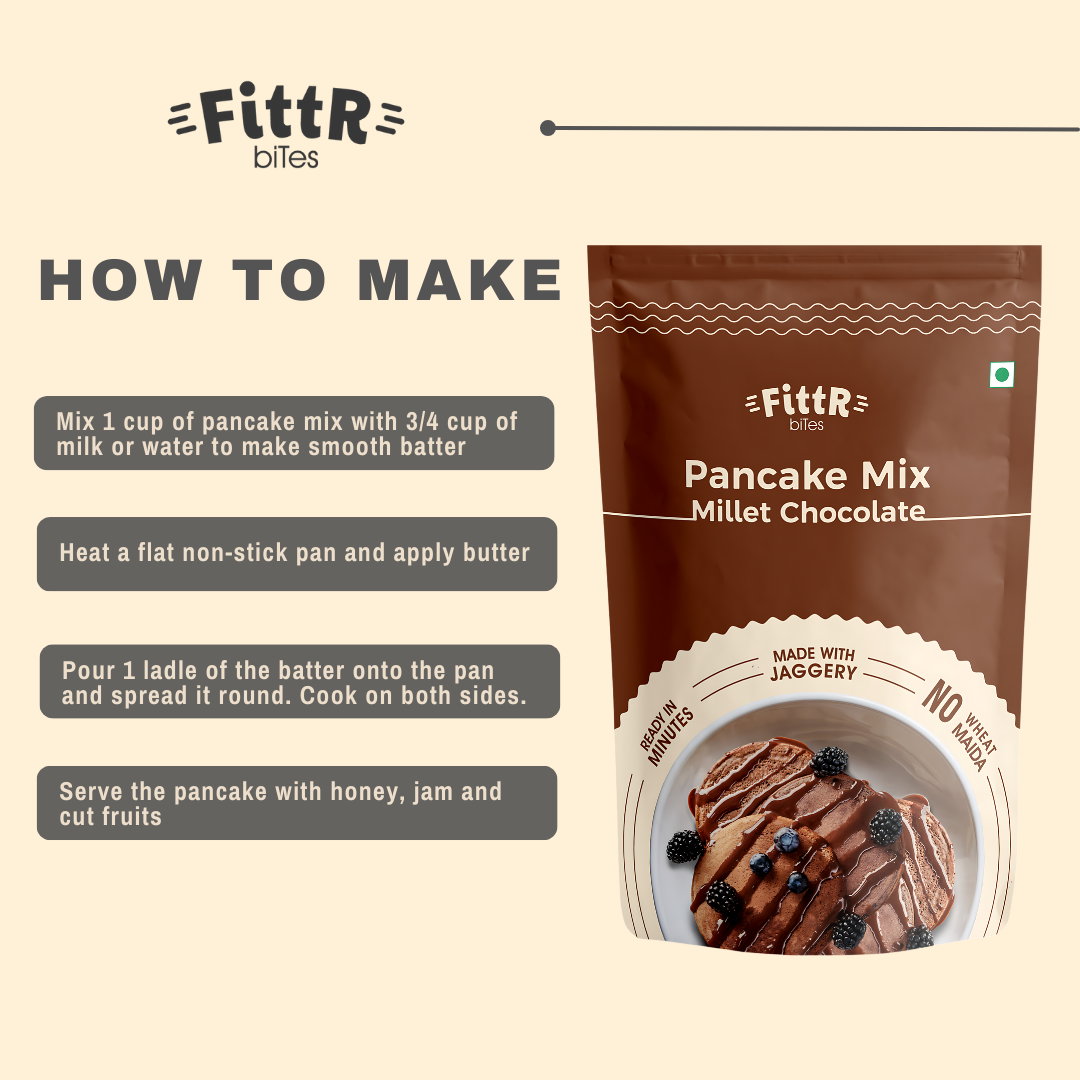 FittR Bites Oats & Millets Chocolate Pancake Mix, No maida, No wheat, No refined sugar, pack of two, 2 x 150 gm