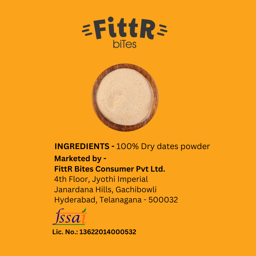 FittR Bites Arabian Dry Dates Powder, Kharik, Khajur Powder, 100% Natural sweetener, subsitute for refined sugar, For Little Ones, 250 gms