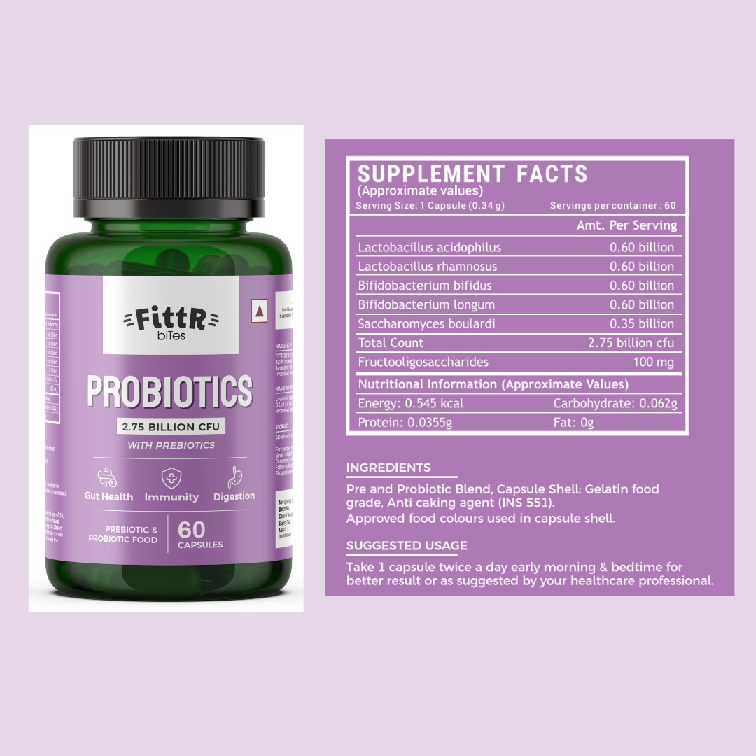 Probiotic Capsules with Prebiotics for Gut health & Digestion, for Men & Women, Single pack (60 Capsules)