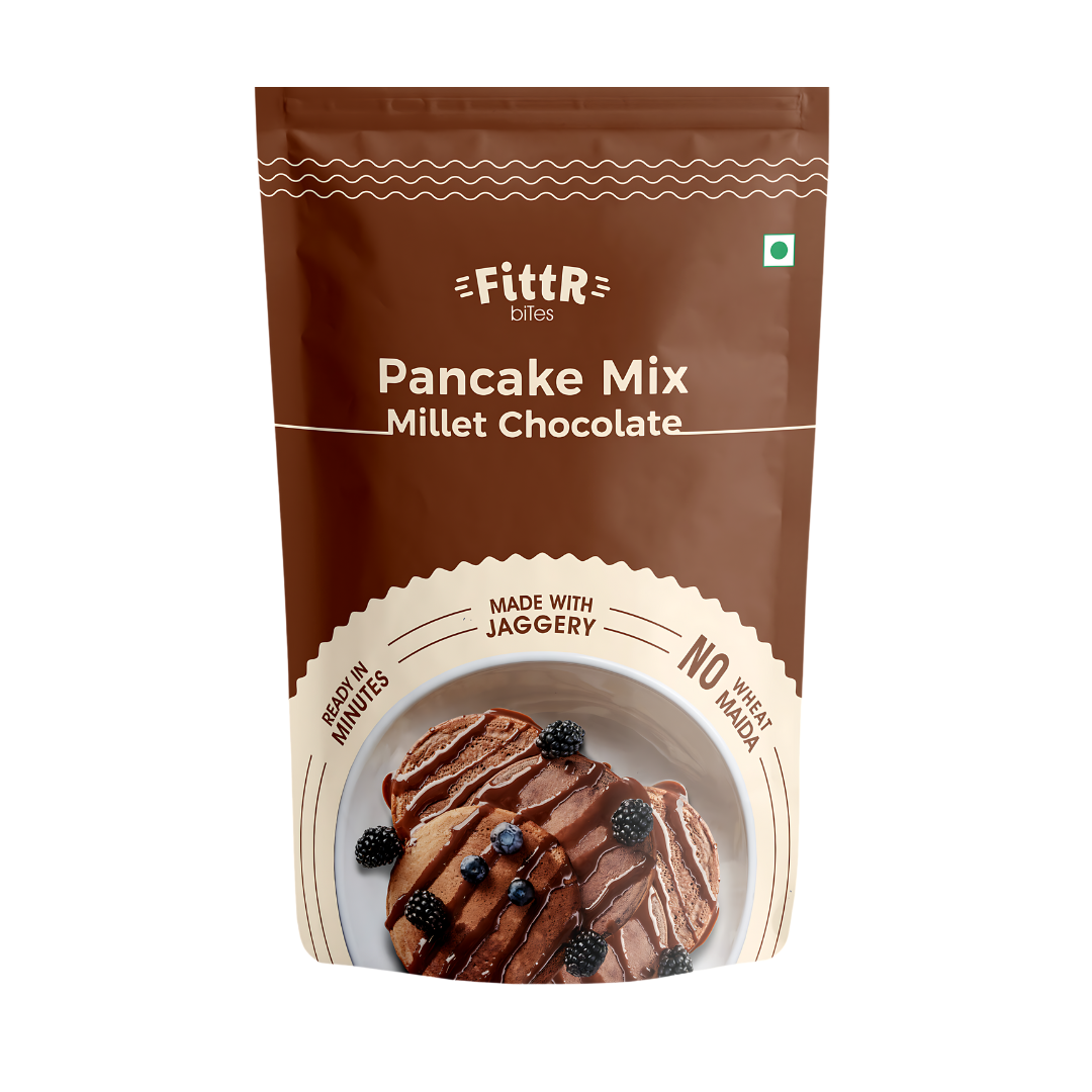 FittR Bites Oats & Millets Chocolate Pancake Mix, No maida, No wheat, No refined sugar, pack of two, 2 x 150 gm